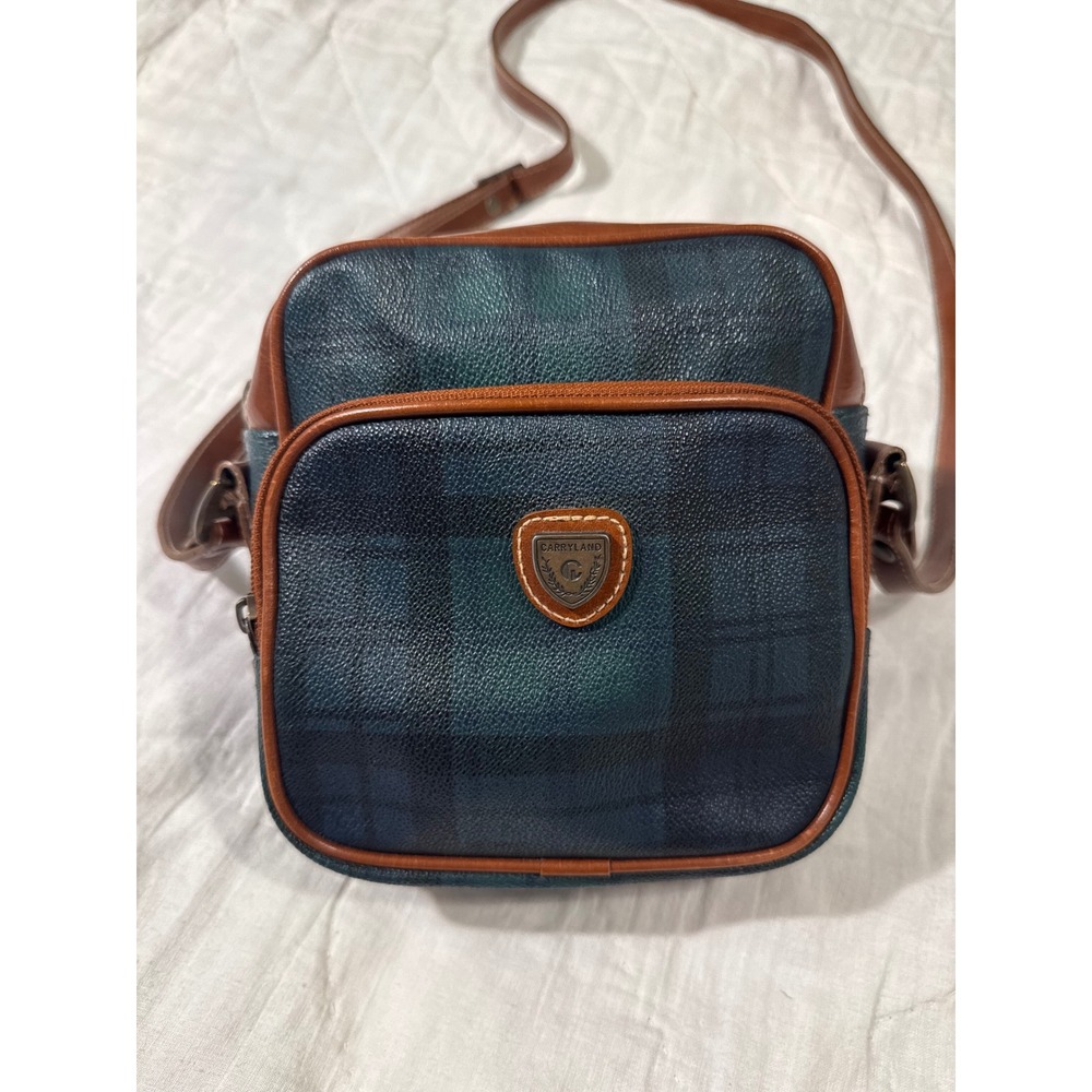 Carryland Retro Green Navy Plaid Crossbody Bag Brown Trim Small Adjustable Strap